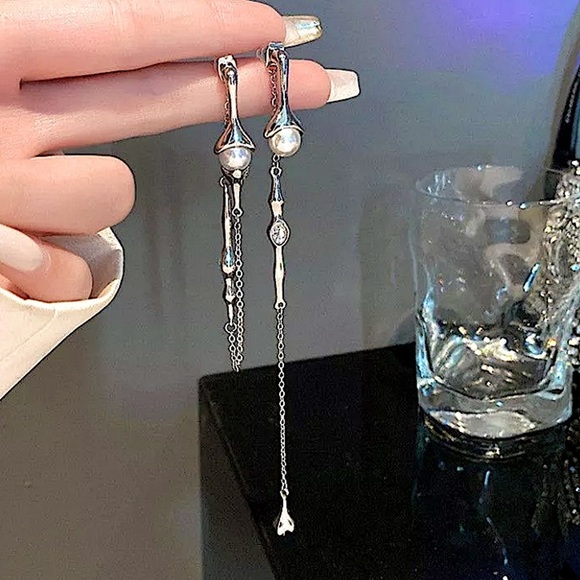 Pearl Long Drop Earring Women Asymmetric Fashion Design Jewelry Elegant Pearl - Picture 12 of 14